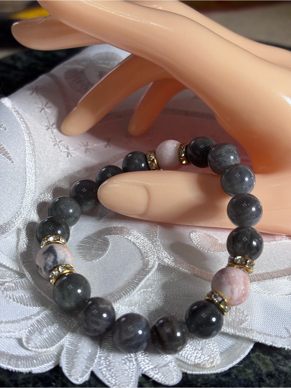 Gray Labradorite and Pink Zebra Beaded Stretch Bracelet with Gold Accents